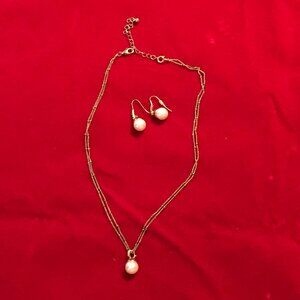 Double Gold Chain with Large Pearl Pendant and Matching Drop Pearl Earrings